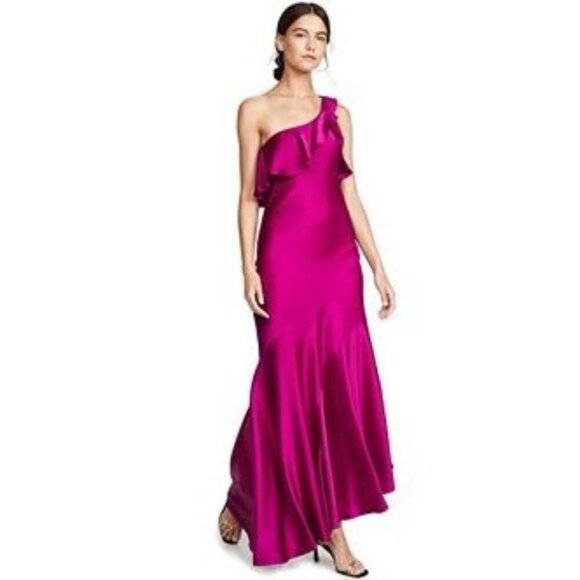 Galvan London Flora One Shoulder Satin Ruffle Asymmetrical Gown Maxi Dress - Picture 3 of 14